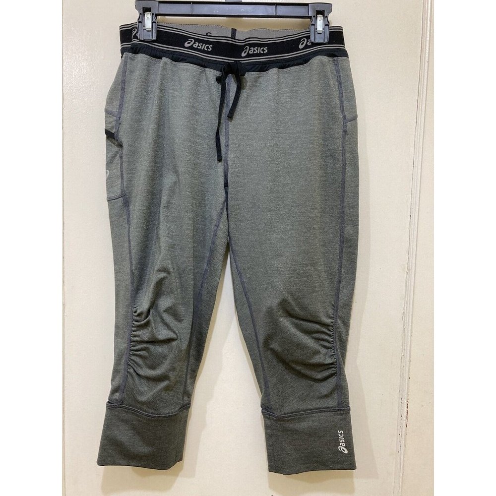 ASICS Athletic Pants Size L Gray Black‎ Running Workout Yoga Logo Elastic Waist